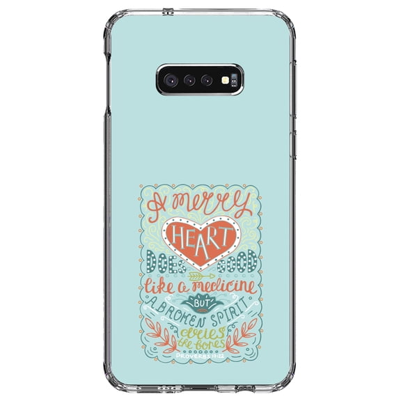 DistinctInk Clear Shockproof Hybrid Case for Samsung Galaxy S10e (5.8" Screen) - TPU Bumper, Acrylic Back, Tempered Glass Screen Protector - Proverbs 17:22 - A Merry Heart Does Good