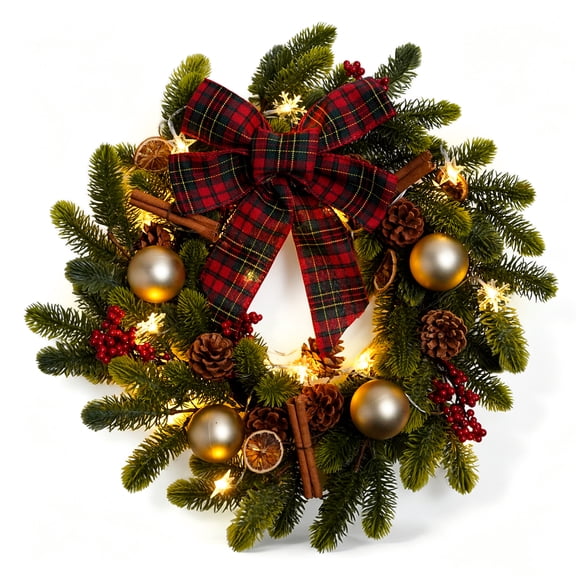 24-inch Pre-Lit Christmas Wreath with 50 LED Lights, Red Plaid Bow, Pine Cones and Berries for Front Door Decor