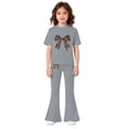 thumbnail image 3 of EnJoCho Girls Cute 2 Piece Outfits Teens Bow Graphic Sweatsuit Kids Summer Tracksui𝗍 Casual Short Sleeve Tops Flare Pants Set Girls Shorts Sleeve Tops Pants Set, 3 of 5
