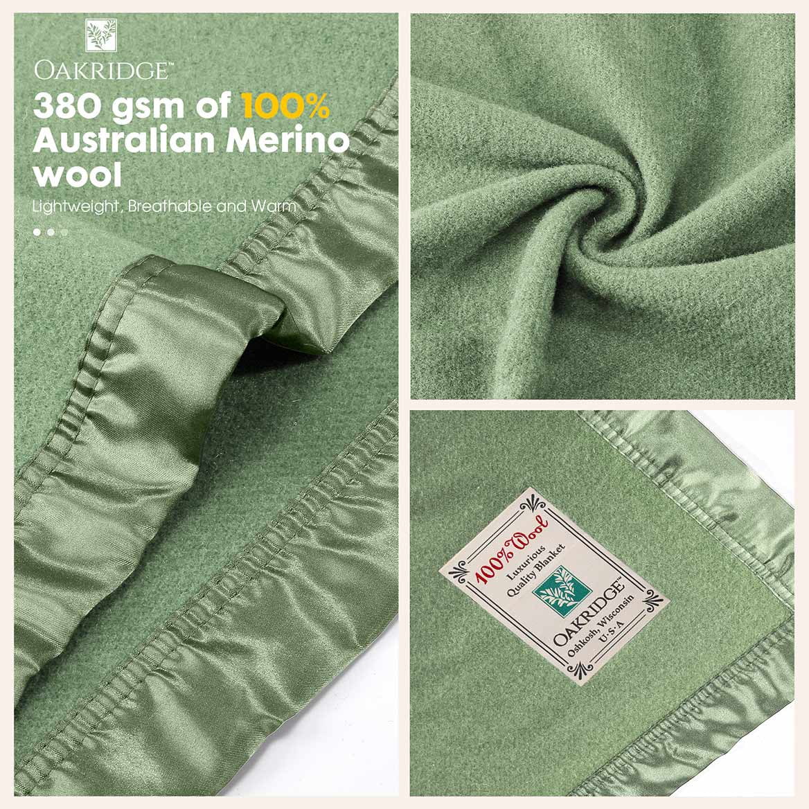 OakRidge Heirloom Merino Wool Blanket – 100% Australian Wool with Vintage Satin Edges – Breathable, Odor-Resistant, All-Season Bedding in Full Queen Size – Sage Cozy Throw for Home or Travel