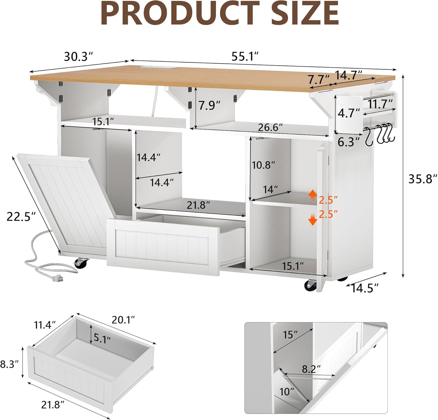 55" Movable Kitchen Island with Drop Leaf and Power Outlet, Rolling Kitchen Cart with Trash Storage Cabinet,White
