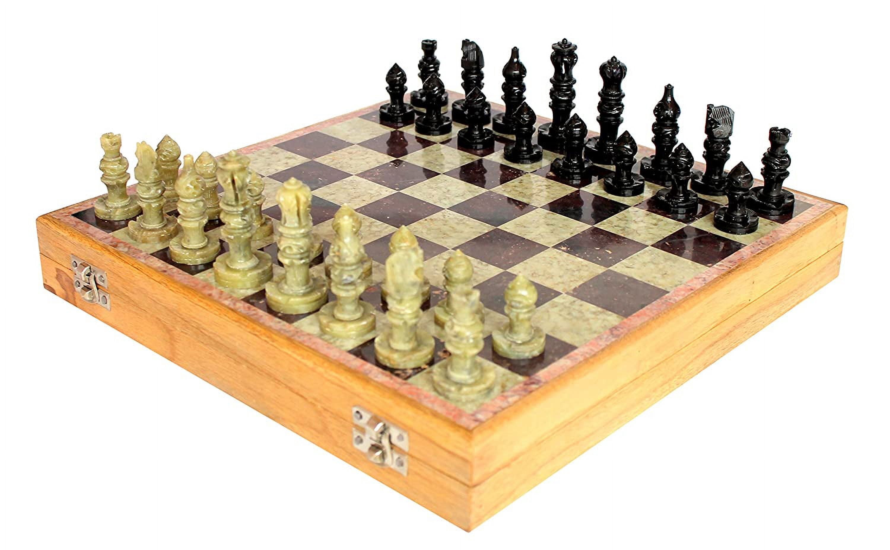 StonKraft - 12" x 12" Stone Inlaid Chess Game Board with Wooden Base - Board Set with Hand-crafted Natural Stone Chess Pieces
