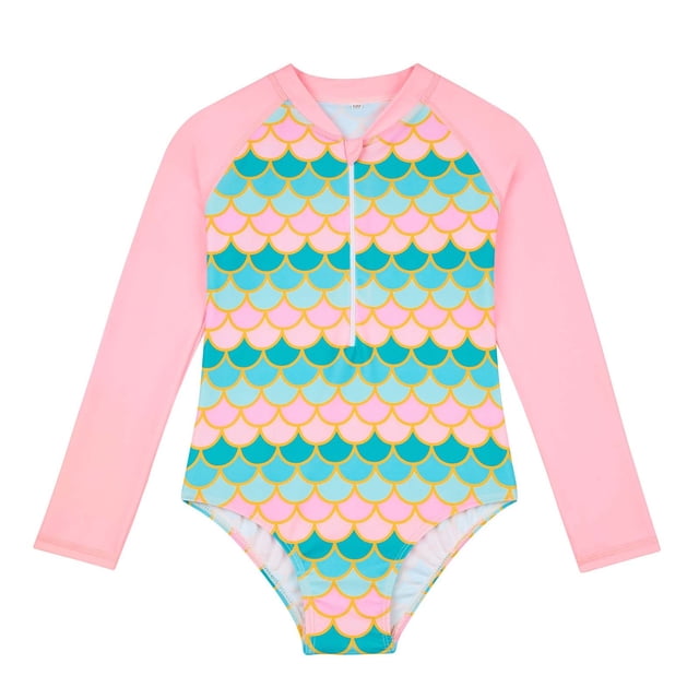 Kid Girl Swimsuits Rash Guard Striped Ruffle Sun Protection Long Sleeve Girls Bathing Suit 10-12 Years