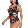 thumbnail image 3 of Picia Halloween With Skull Pattern Women's One Piece Swimsuits,One Shoulder Swimwear Asymmetric ,Ruffle Monokinis Bathing Suits,High Waisted Flattering Bathing Suits-X-Large, 3 of 8