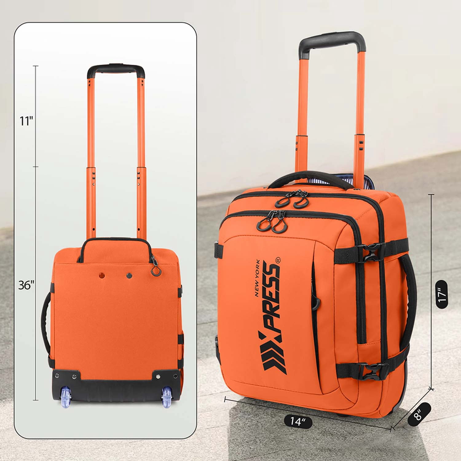 17" Underseat Carry On Luggage Airplane Approved,Water Resistant Softside Rolling Suitcase Lightweight Personal Item Travel Bag,Orange - TA069
