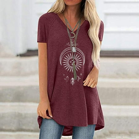 

Womens Summer Solid Color Graphic Print T-Shirt Short Sleeve V Neck Loose Tunic Blouse and Tops