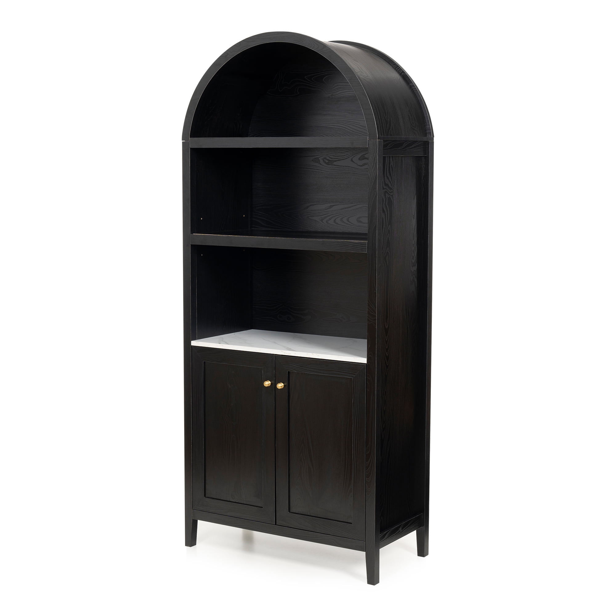 EYYTHUNG 71" Tall Arched Cabinet Modern Farmhouse 5-Tier Arched Bookcase Storage Display Cabinet with Faux Marble Top, Black