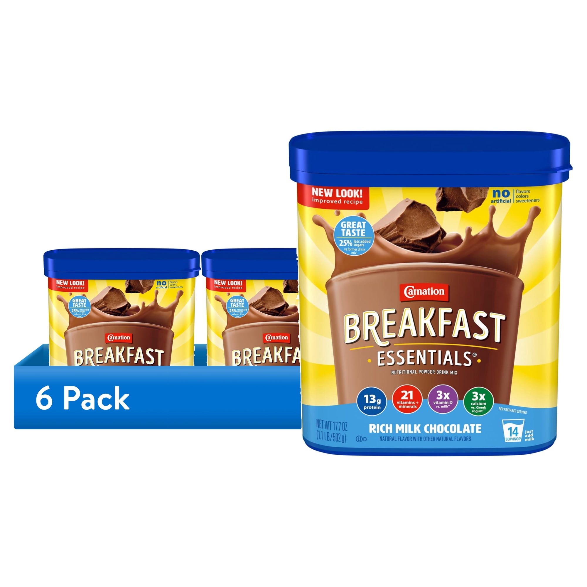 (6 pack) Carnation Breakfast Essentials Rich Milk Chocolate Protein Shake Mix, 6 Pack, 17.7 oz Canister