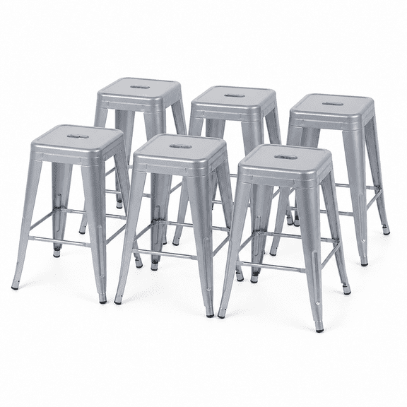 24 Inch Backless Metal Counter Stool Set of 6, Silver, Stackable with Carry Hole and Footrest