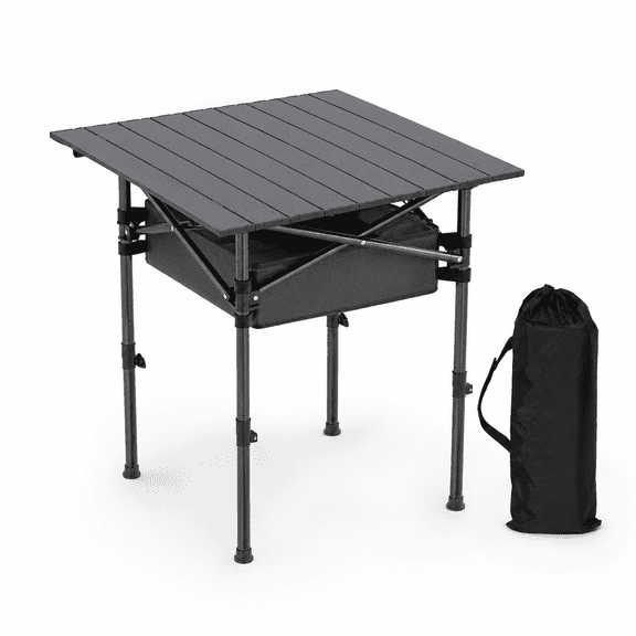 AJOHBM Small Camping Table, Portable Folding Beach Table,Outdoor Aluminum Adjustable Heights Camping Table, with Mesh Storage, Picnic, Camp, Boat, Travel, Black