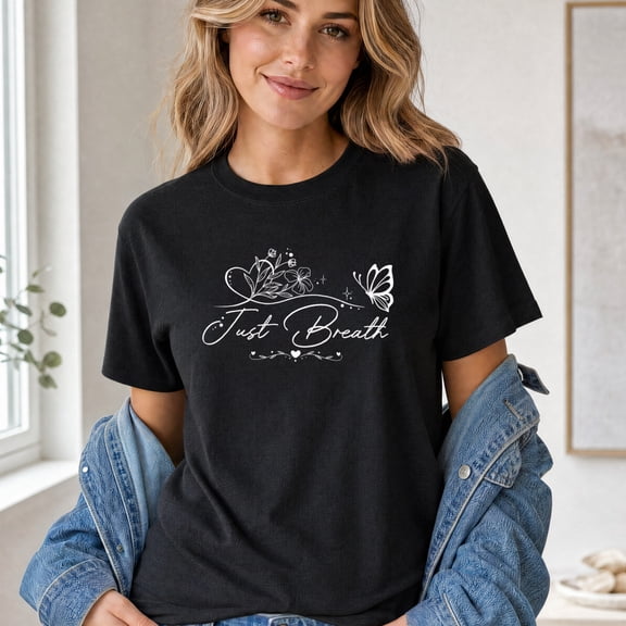 Jollimate Just Breath Butterfly Shirt, Floral Graphic Tee, Mental Health Awareness T-Shirt for Women