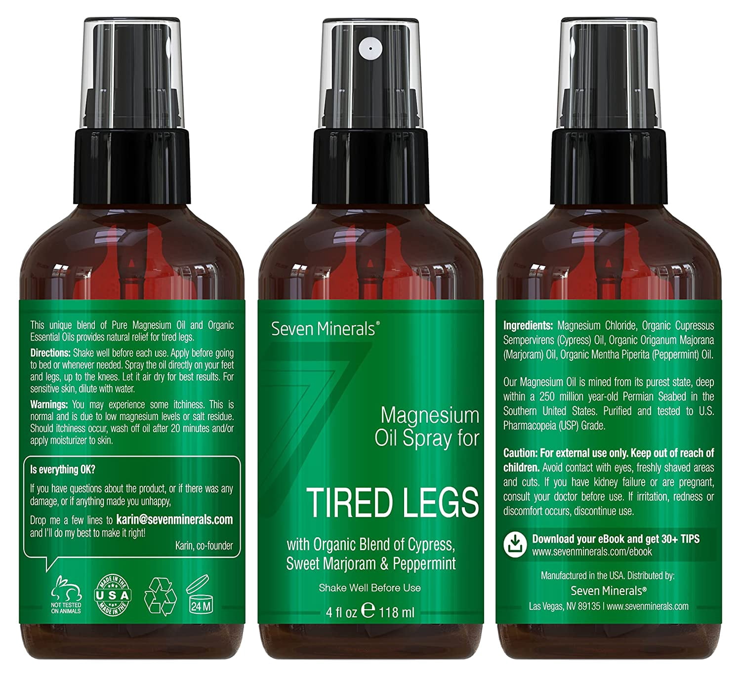 Magnesium Oil Spray for Leg Cramps - with Organic Essential Oils by Seven Minerals 4 Fl oz