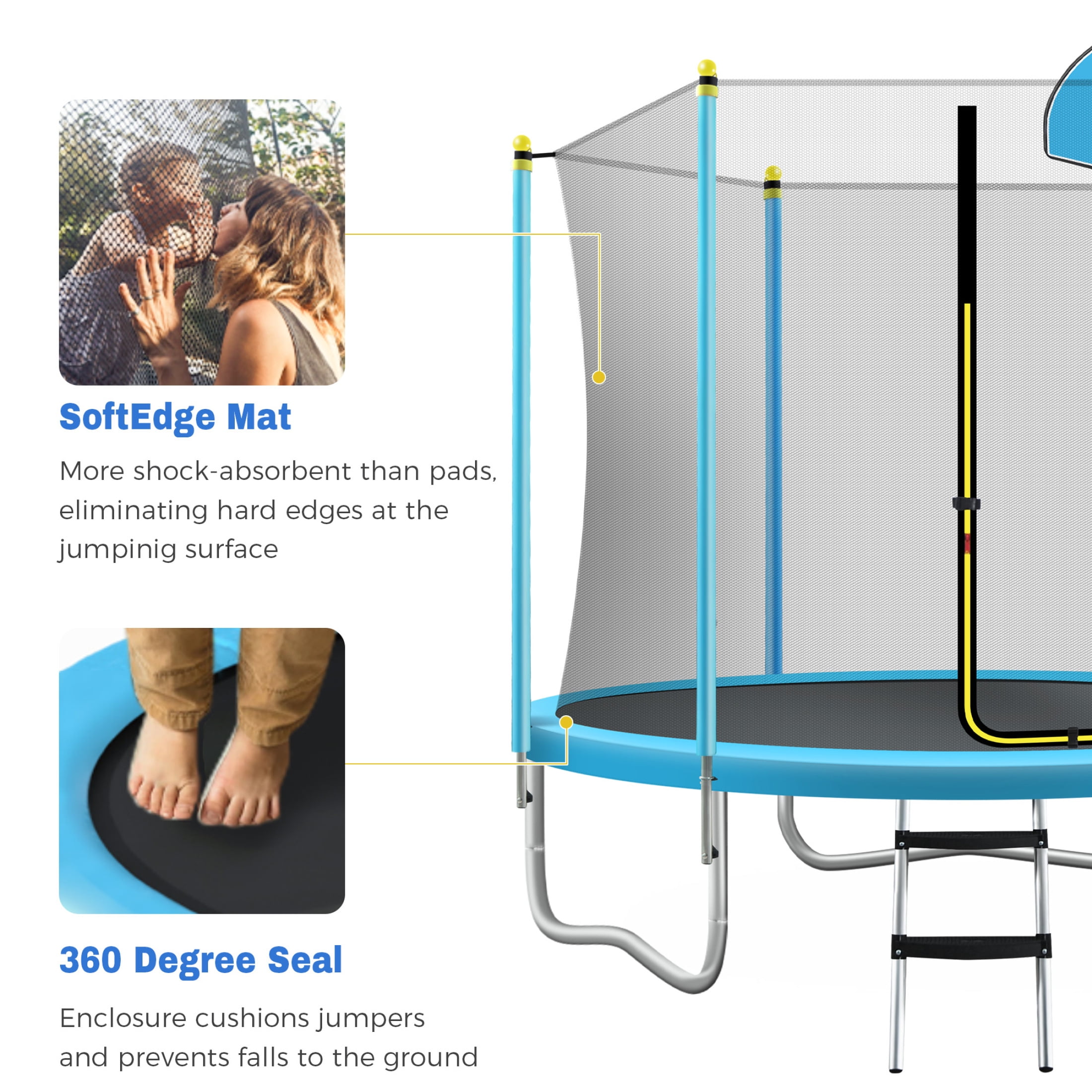 Noble House 8FT Outdoor Trampoline for Kids with Safety Enclosure Net, Basketball Hoop & Ladder, Blue