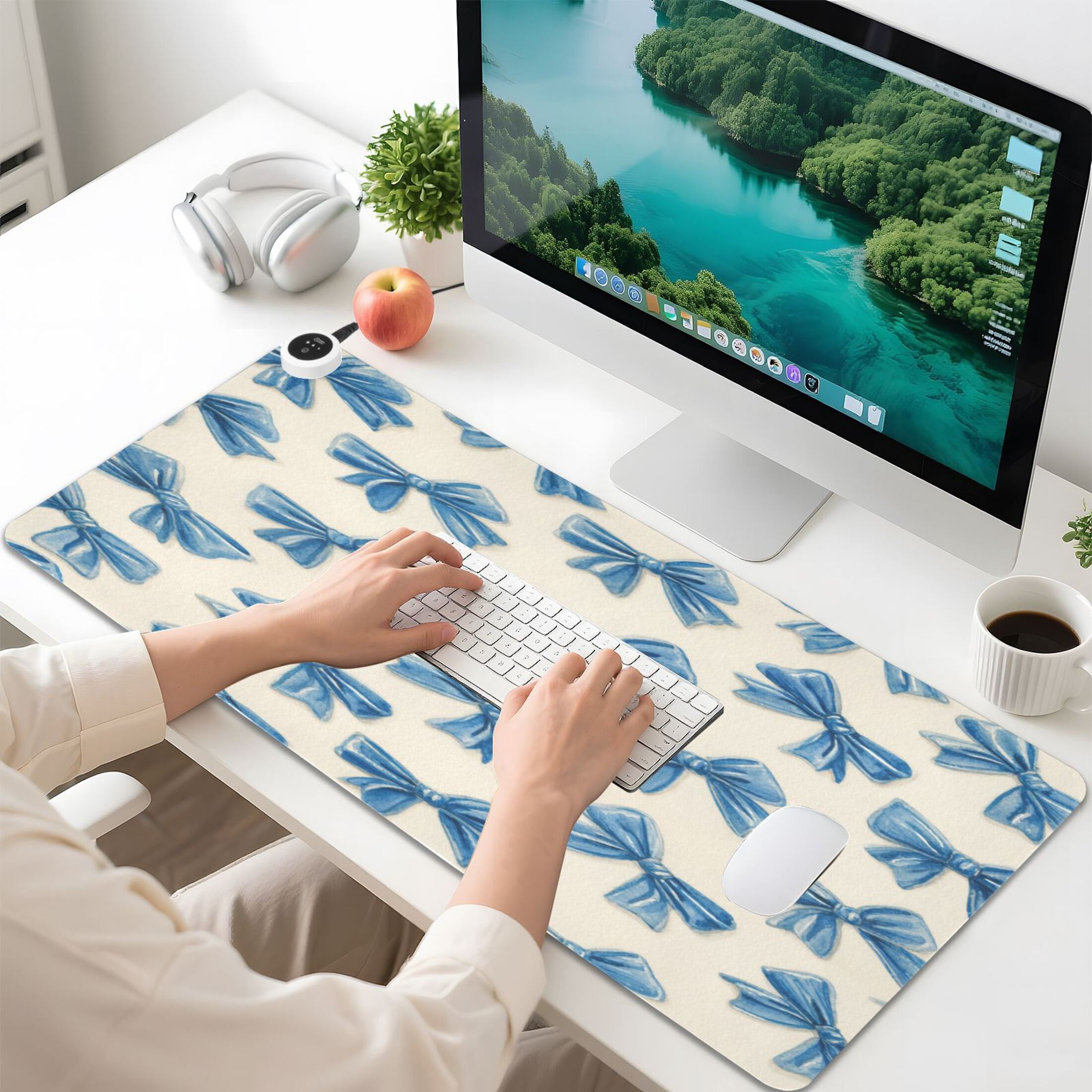 Large Heated Desk Mat Mouse Pad 31.5"x13"PU Leather Graphene Heating Desk Warmer with 3 Temperature Settings 110V US Plug Non-Slip Warm Pad for Home, Office, and Gaming Classic Blue Bow Pattern