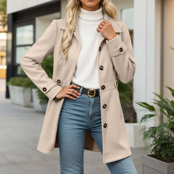 Huowey Women Trench Coat Plus Size Mid Length Double Classic Coat Winter Notched Lapel Collar Jacket Autumn Winter Fashion Outerwear,Beige,L