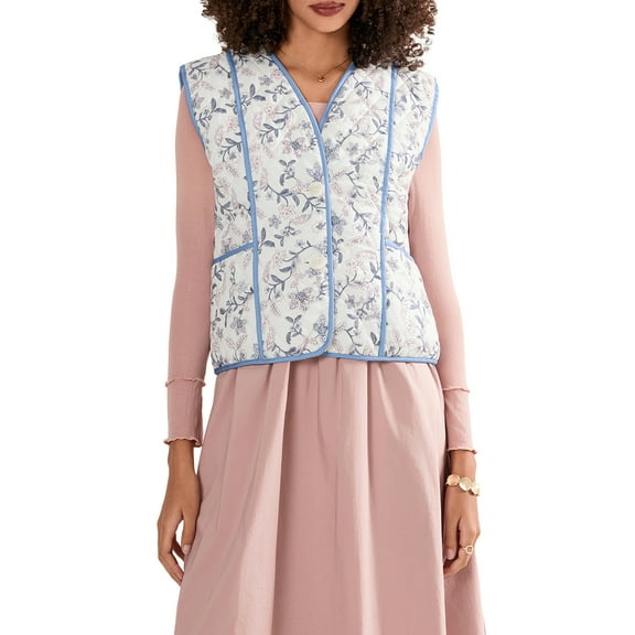 Rdhnmea Womens Floral Print Quilted Waistcoat Sleeveless V-Neck Button Front Jacket Fall Winter Vest Gilet Outerwear