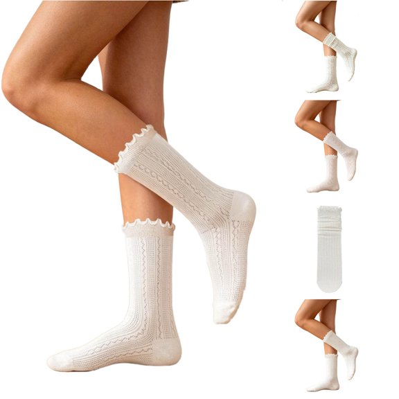 Luvior Women White Lace Ruffles Socks Cottagecore Floral Frilly Sock Thin Cotton Summer Crew Socks -Soft Breathable