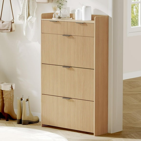 IdealHouse Slim Shoe Cabinet with 3 Flip Drawers & 2 Top Drawers, Narrow Farmhouse Fluted Shoe Storage Organizer with Side Hook, Tall Freestanding Shoe Rack for Entryway, Hallway, Foyer, Natural