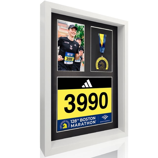 MedalAwardsRack 3 en 1 Shadow Box Display - Baberos de carreras de medallas y marco de fotos - Soporte para baberos de maratón y triatlón Marco de madera de vidrio templado montado en la pared - Blanc