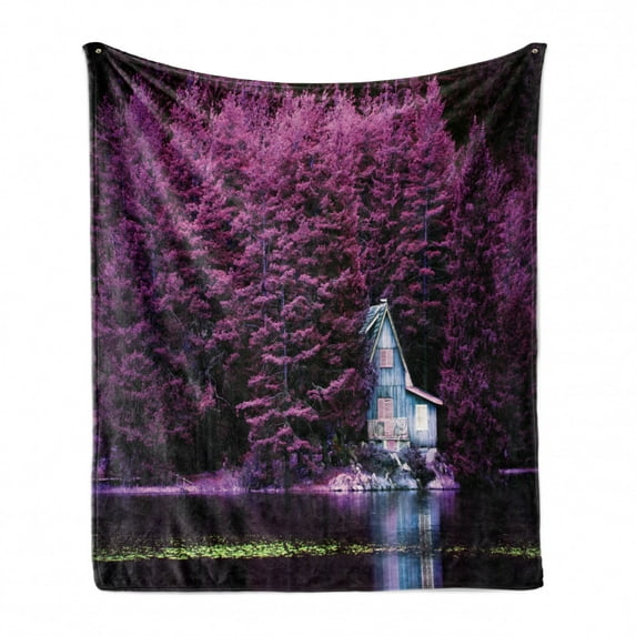 Lavender Soft Flannel Fleece Throw Blanket, Trees by a Lake Blue Wooden Rustic Lakehouse Lodge Romantic Spring Nature Theme, Cozy Plush for Indoor and Outdoor Use, 50" x 70", Purple, by Ambesonne