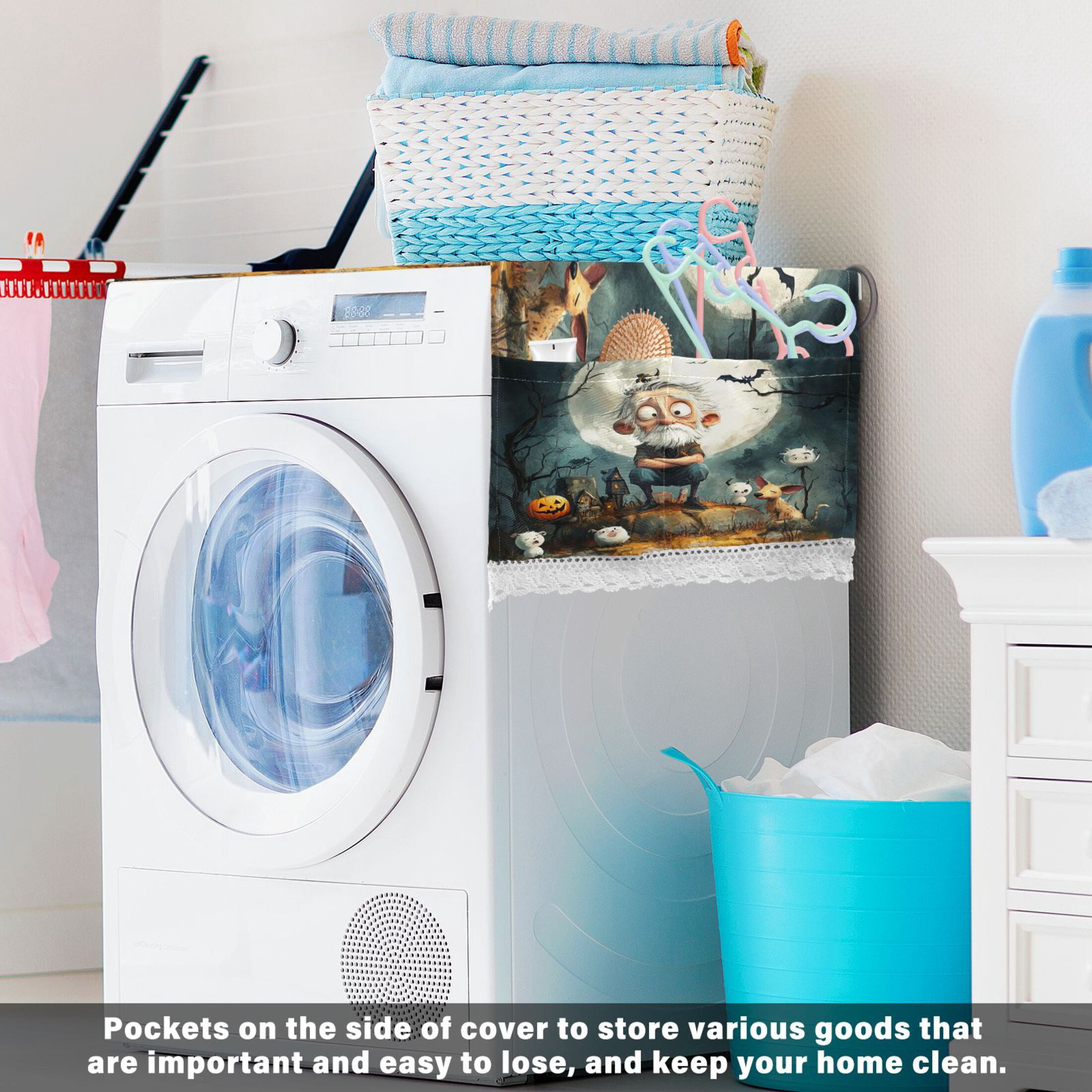 Halloween AtmosphereWasher and Dryer Covers Dust-Proof and Oil Resistant Fridge Cover with 4 Storage Pockets Washing Machine Top Cover for Laundry Kitchen Home 51.2 x 22 In