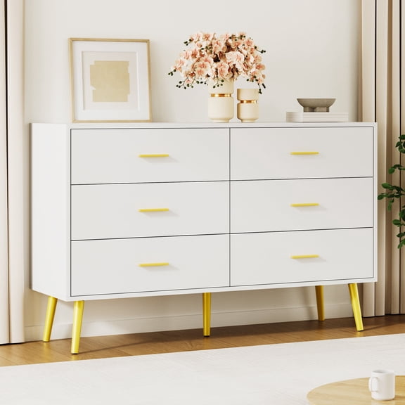 YouTrend 6 Drawer White Dresser, Wood Modern Adult Storage Cabinet with Metal Handles for Living Room,Bedroom