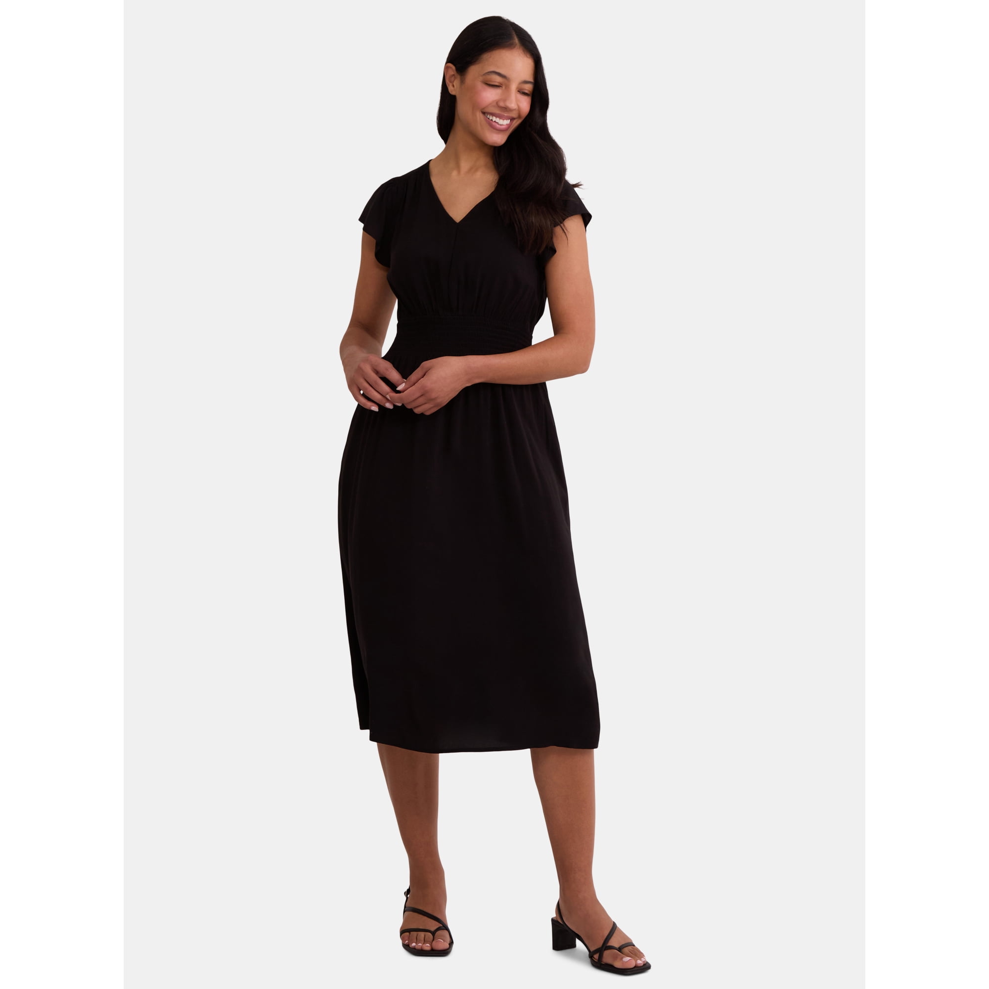 Time and Tru Women's Smocked Waist Midi Dress with Short Sleeves, Sizes XS-4X