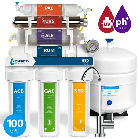 Express Water 11 Stage UV Ultraviolet + Alkaline + Reverse Osmosis Home Drinking Water Filtration System 100 GPD RO Membrane Filter - Modern Faucet - Pressure (Best Alkaline Water Filtration System)