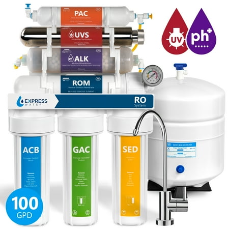 Ultraviolet Water Treatment System - Express Water 11 Stage UV Ultraviolet + Alkaline + Reverse Osmosis Home Drinking Water Filtration System 100 GPD RO Membrane Filter - Modern Faucet - Pressure Gauge