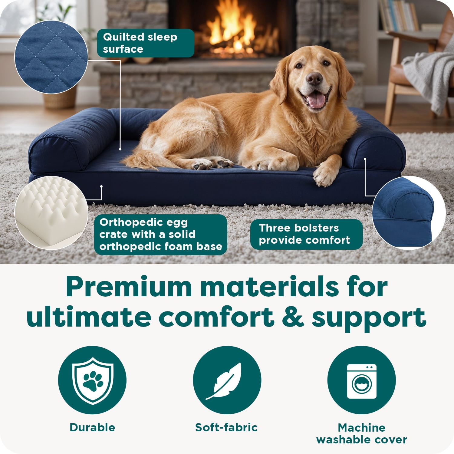 FurHaven Orthopedic Dog Bed for Large Dogs, Perfect Comfort Sofa, Egg Crate with a Solid Orthopedic Foam Base for Joint Support, Removable, Washable Cover, Large, Plush & Velvet, Celadon Green