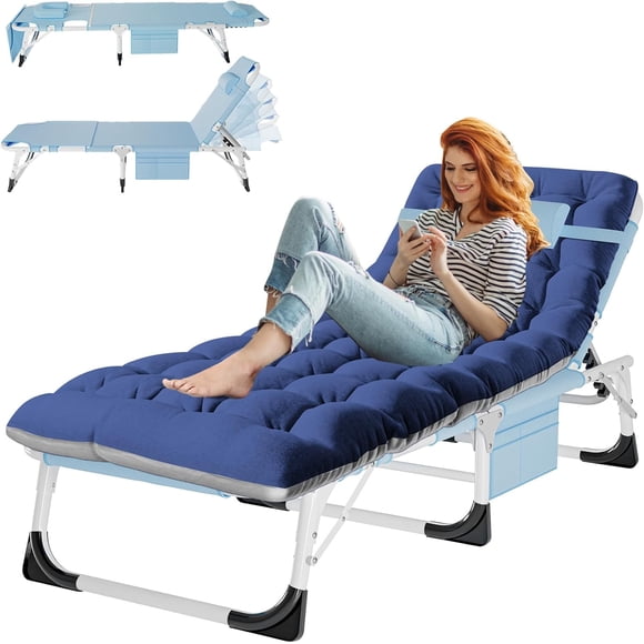 ABORON Folding Patio Chaise Lounge Chair - 5 Position Adjustable -28" Wide Foldable Camping Cot Bed with Cushion, Portable Beach Lounge Chair for Pool Lawn Deck Poolside Outdoor Sunbathing