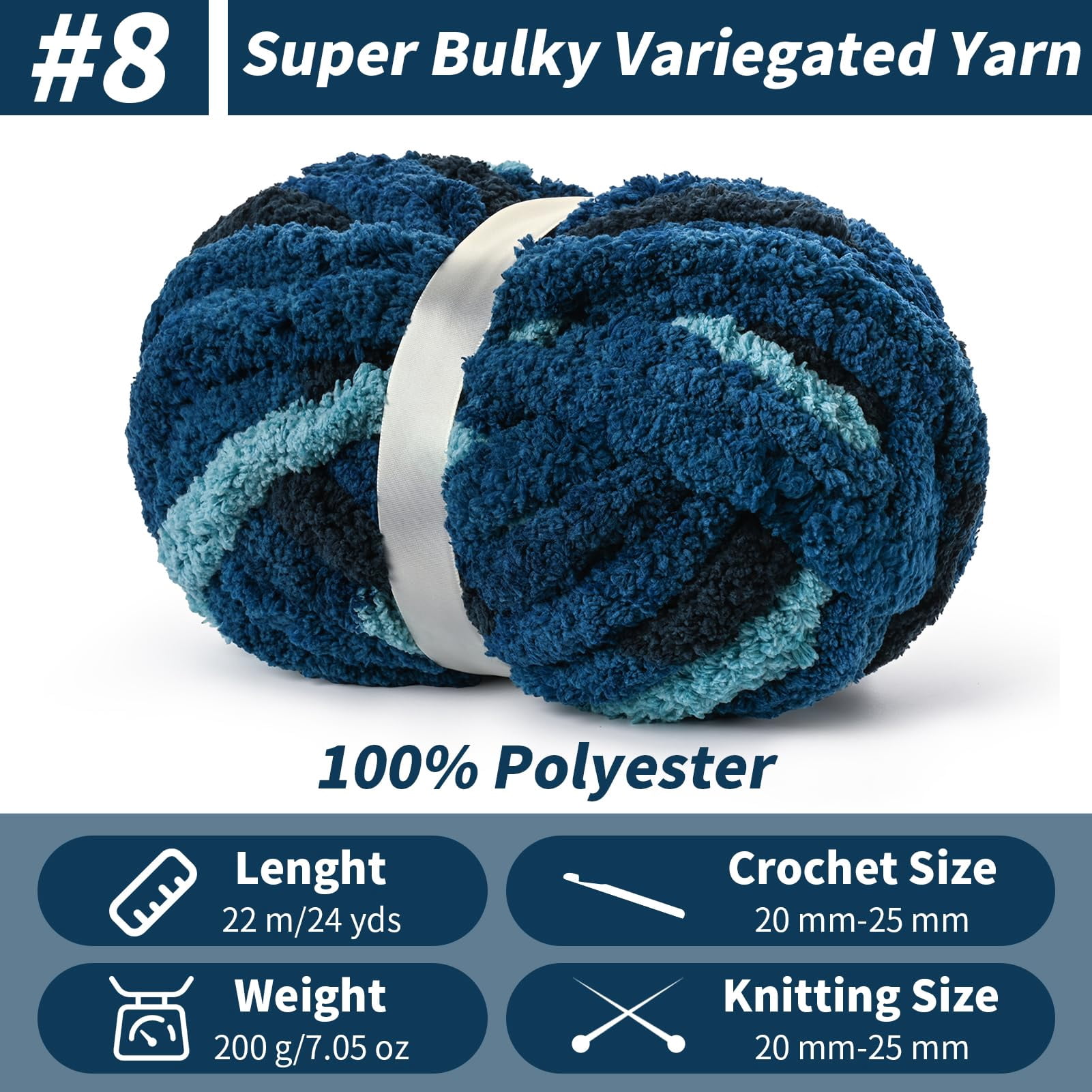 10 Pack Fluffy Chunky Chenille Yarn for Crocheting, Chunky Blanket Yarn for Hand Knitting, 240yds/70.5oz Super Bulky Variegated Blanket Yarn(Blue-White)