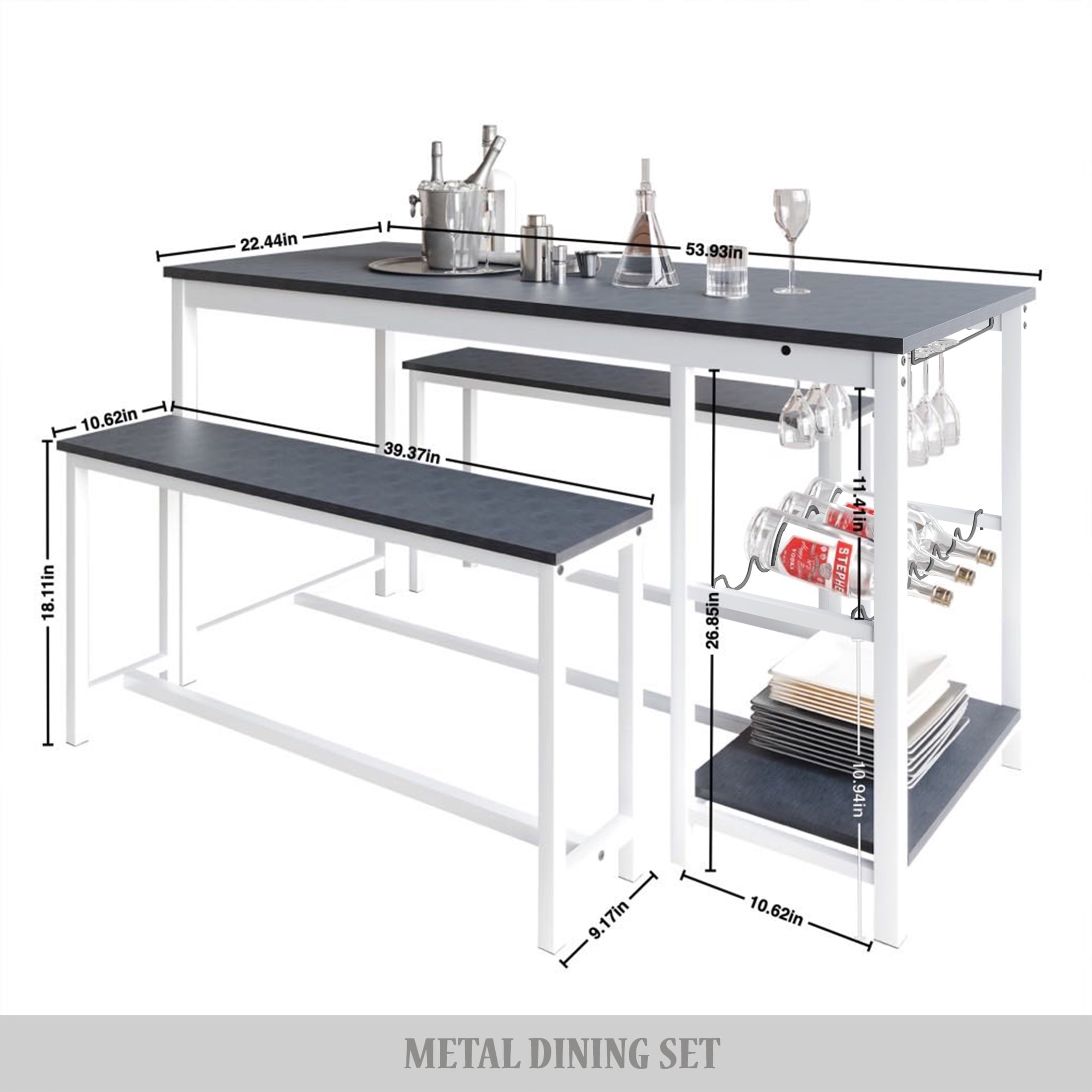 Castle Place 3-Piece Metal Dining Set with Integrated Wine Rack and Shelving, Black