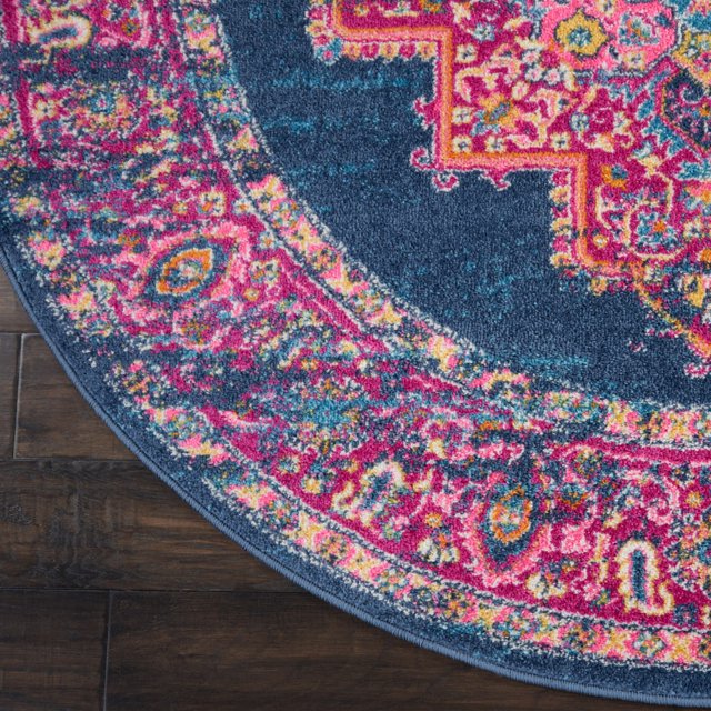 homeroots home decor 385257 8’ Round Blue and Pink Medallion Area Rug