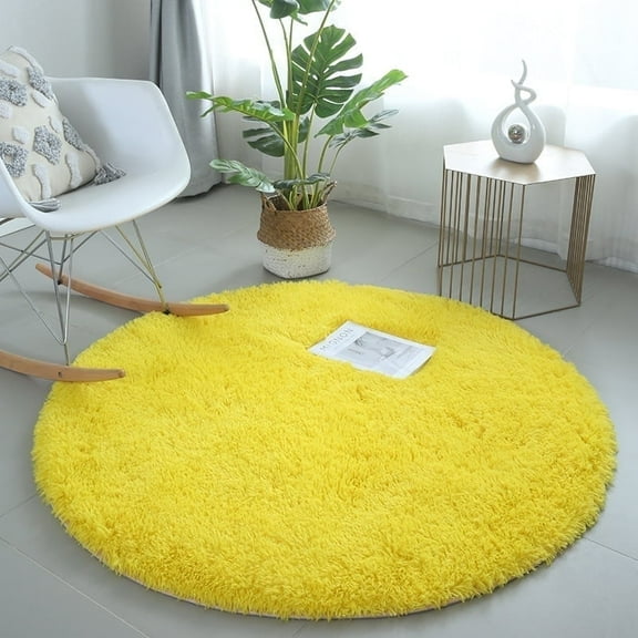WEXIA Soft Yellow Area Rug Round 4x4ft Fluffy Plush Circle Furry Non-Slip Backing Bedroom Living Room Carpet