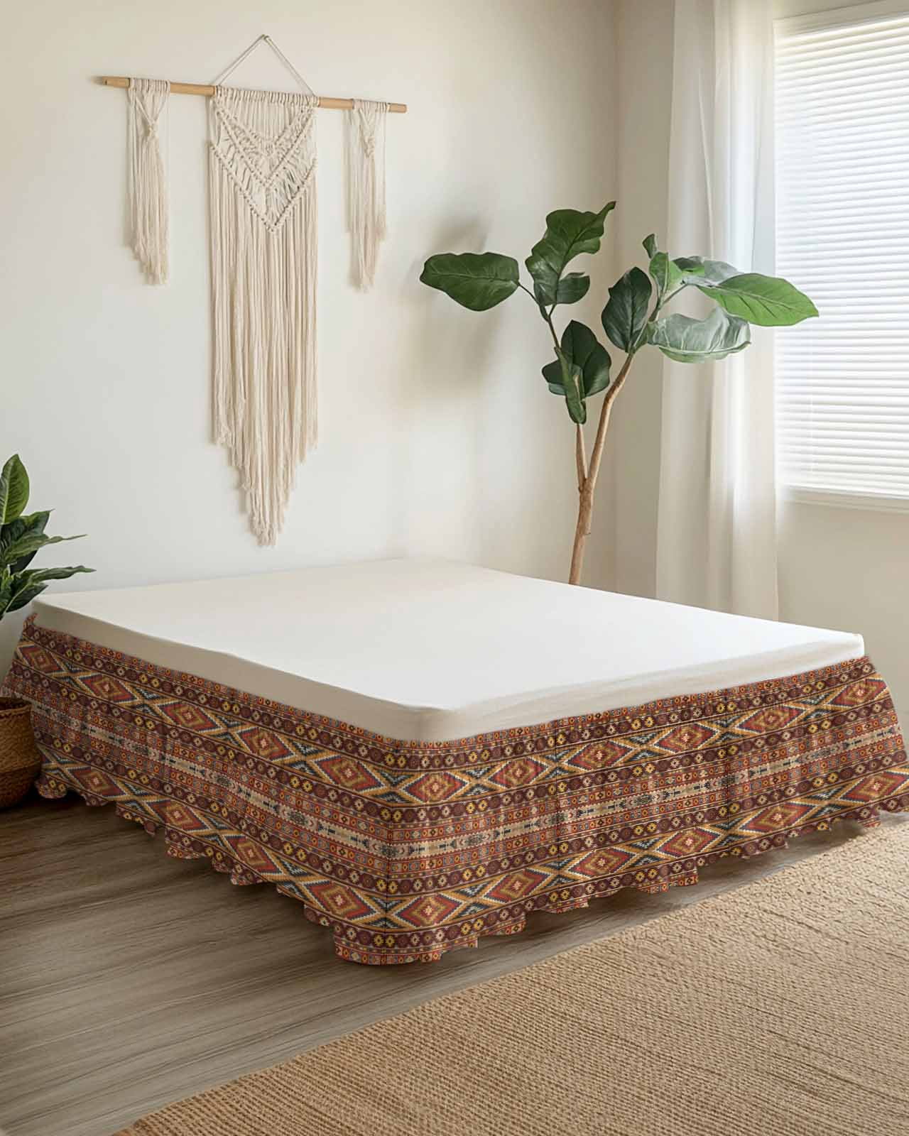 Brown Southwest Aztec Wrap Around Bed Skirts for Queen Bed 18" Drop,Bed Skirt with Adjustable Elastic Belt Dust Ruffle Bed Valance for Bedroom Hotel Luxury Farmhouse Vintage Geometric Bed Frame Cover