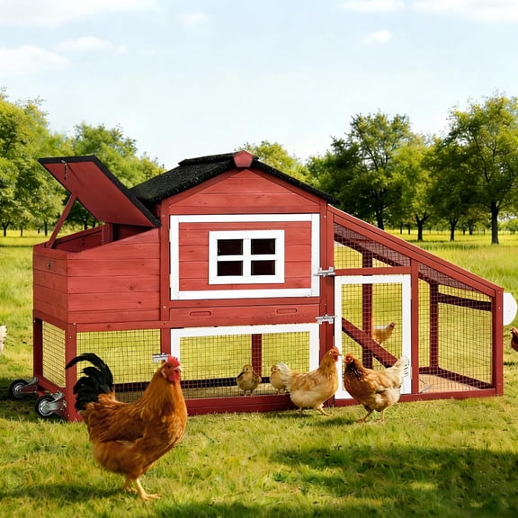 Aivituvin Chicken Coop with Wheels, Hen House Chickens Cage with Leak-Proof Tray, UV-Resistant Roof & Nesting Box for Chickens, Ducks, Rabbits (Red)