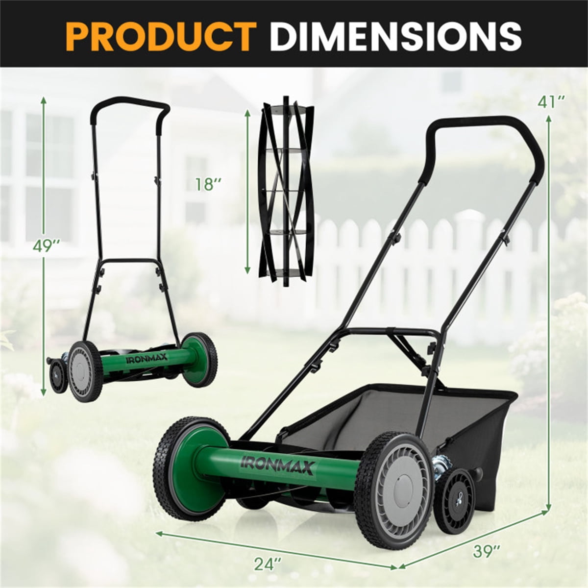 18 Inch 5 Blade Push Reel Lawn Mower with Grass Catcher Green