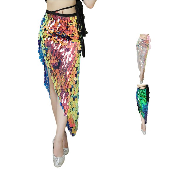 XIAONU Women's Sequin Wrap Skirt Asymmetrical Long Skirt Dance Performance Bottom Wear