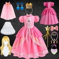 thumbnail image 2 of Vestido de princesa Peach para fiesta de cumpleaños de niñas, Vestido largo de encaje de manga abullonada rosa para baile de graduación, disfraz de Aurora para Halloween Fivean unisex, 2 of 2