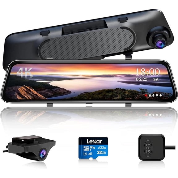 VVCAR Mirror Dash Cam 4K UHD, 12" Full Touch Screen Backup Mirror Camera, Rear View Mirror Camera Front and Rear Camera for Car, Type-C, 24Hr Parking Monitor, GPS, 32GB/U1 Micro Card Included - VC10