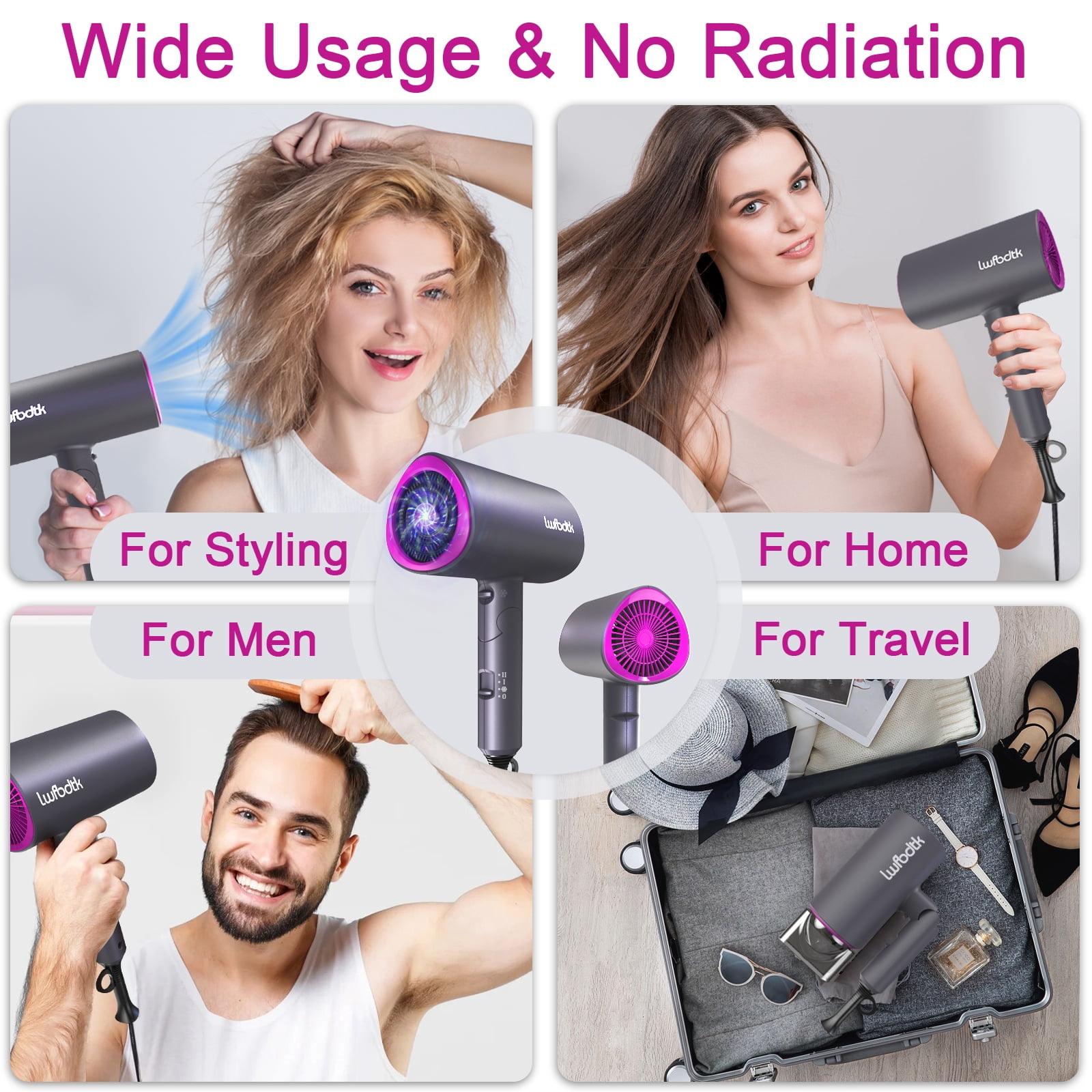 LWFBDTK Hair Dryer 1800W Professional Ionic Dryer, 3 Heat Settings, Powerful Hot/Cool Wind Blow Dryer, Grey