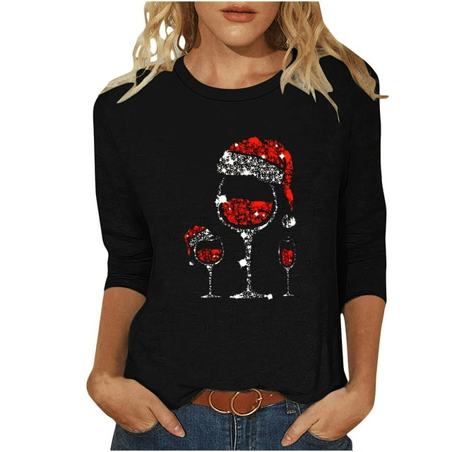 Lcziwo Femmes T-Shirts Manches 3/4 Col Rond Hauts de Vacances de Noël Imprimé Verre de Vin Rouge Blouses Amples Mode Décontractée 2025 T-Shirts Rouges, XXXxxl