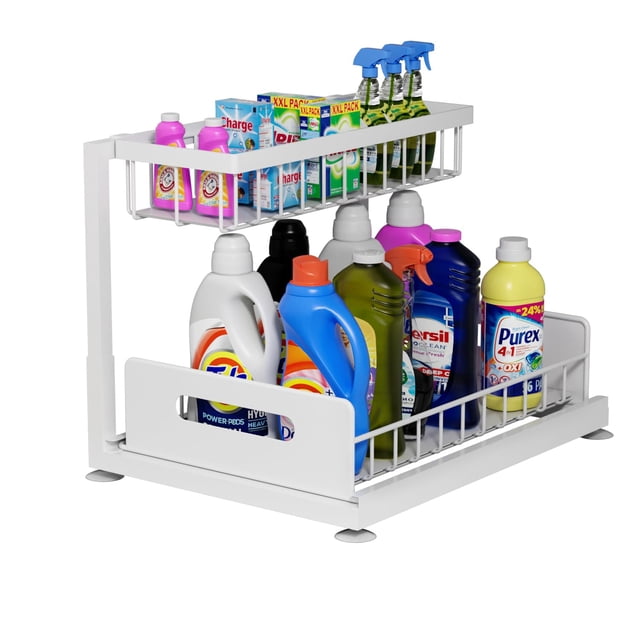 Lxmons Organizador deslizable de 2 niveles para debajo del fregadero, estante de almacenamiento extraíble con cesta de alambre de almacenamiento deslizante, cajón para baño, cocina, encimera o despens