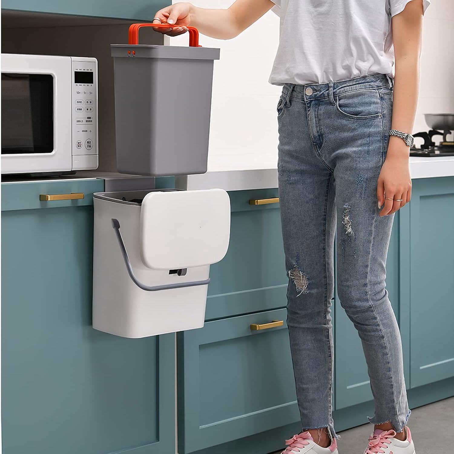 2 in 1 Kitchen Trash Can & Slide Lid, Under Sink Garbage Can, 2.4 Gal Waste Bins & Inner Barrel,Portable Hang Trash Bin, with Sticky Hook & Scraper