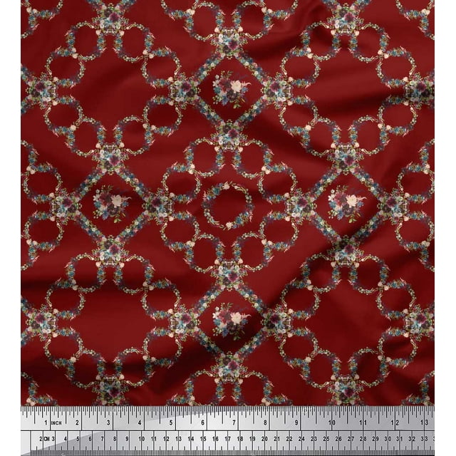 Soimoi Red polyester Crepe Fabric Floral Wreath Geometric Print Sewing Fabric Yard 52 Inch Wide