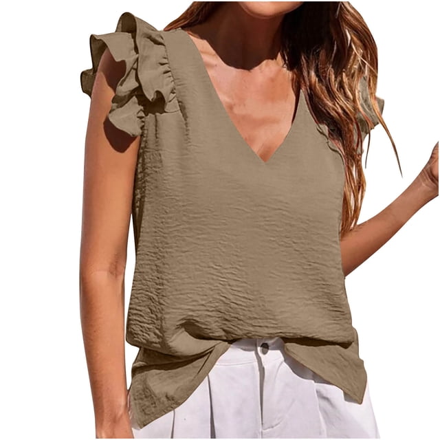 cfhntfmh Summer Tops for Women Casual Ruffle Cap Sleeve Basic Tank Tops Loose V Neck Solid Color Beach Shirts