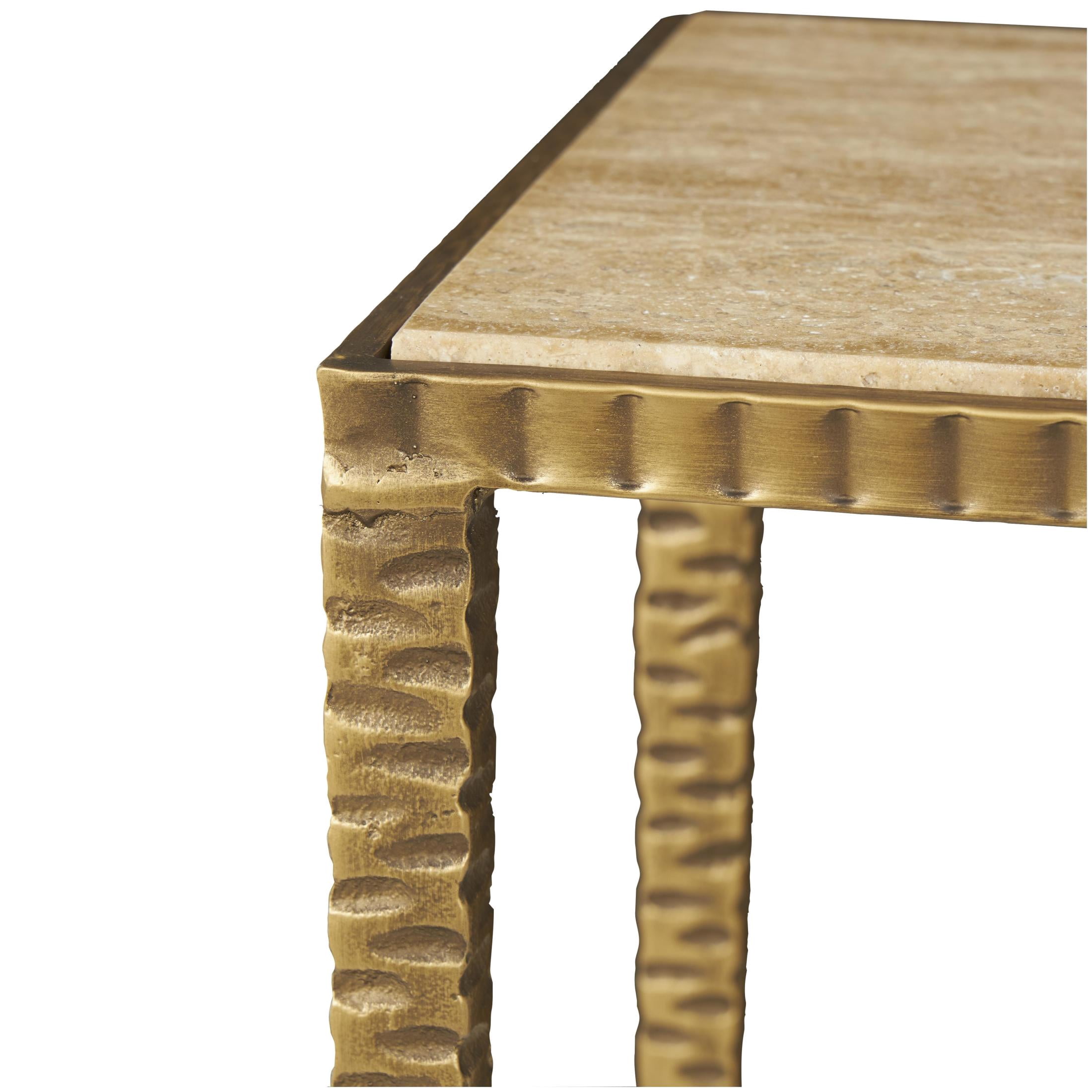 DecMode 37" x 28" Beige Marble Slim Rectangular Console Table with Hammered Gold Metal Legs, 1-Piece