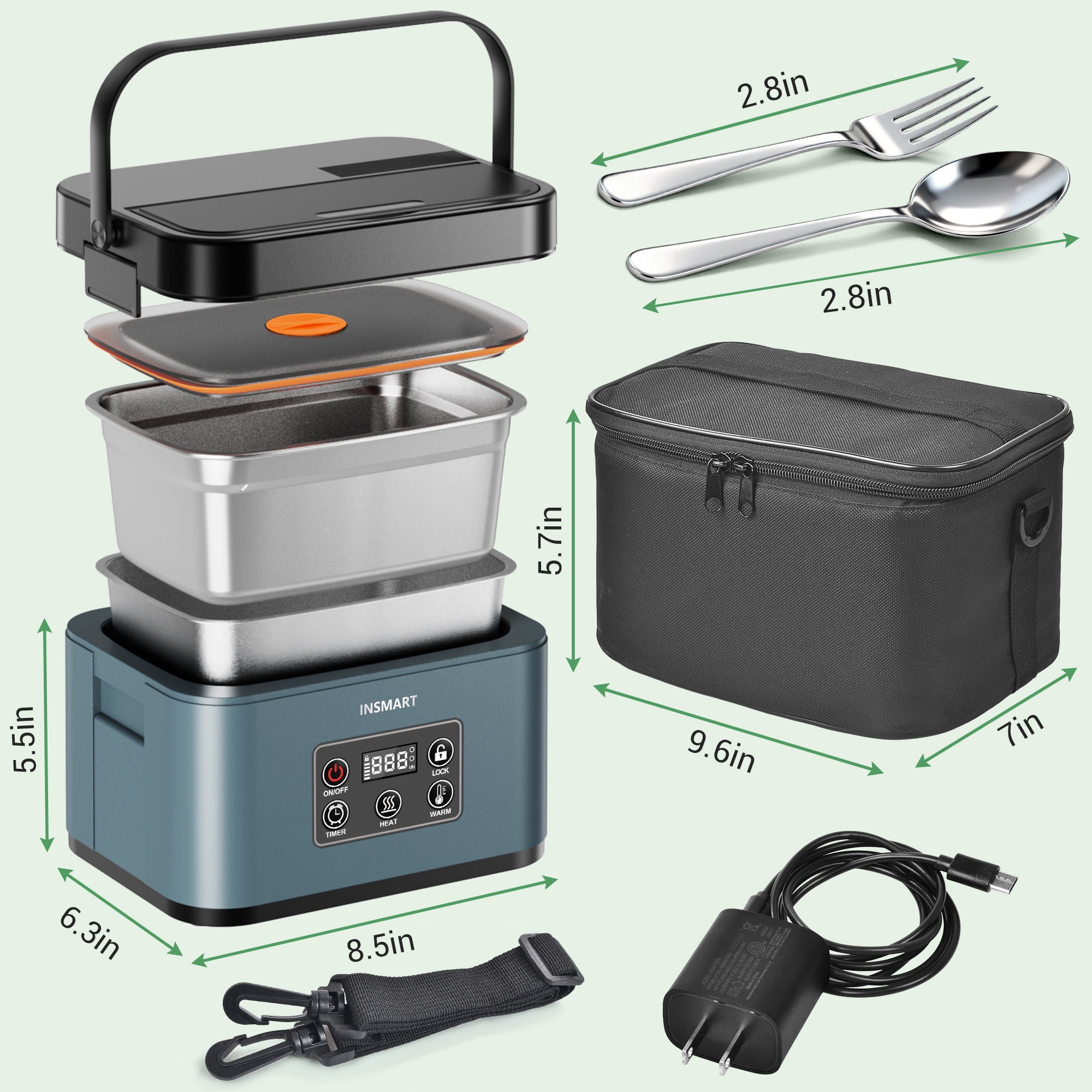 INSMART 6.3-Cup Cordless Electric Lunch Box for Adults, Heated Lunch Box for Men with Scheduled Heating, Portable Car Food Warmer with Utensils, 4D Closed-Loop Heating with No Cold Spots(Blue)