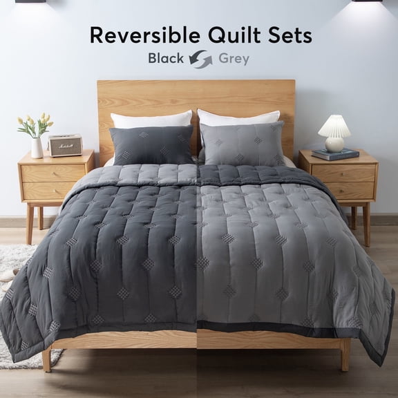 DOMDEC Ultra Soft Diamond Stitch Design Reversible Quilt Set, Black/Dark Grey, Twin Size